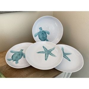 Sigrid Olsen Set Of 4 Melamine Plates Starfish Turtle White Blue Outdoor Sea